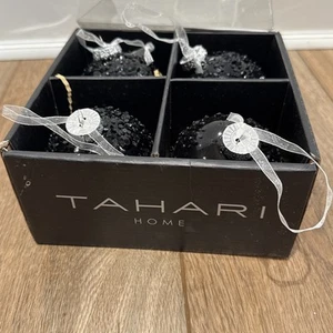 4 CHRISTMAS BLACK ENCRUSTED GLASS BALL ORNAMENTS HOLIDAY MODERN SPARKLE BEADS - Picture 1 of 10