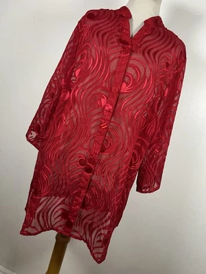 Maggie Barnes 0X 16w Shirt Top Red Sheer Button Down Front 3/4 Sleeve Woman H4 - Image 1 of 4