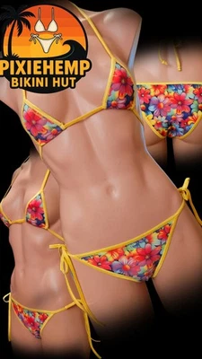Bikini Boho Floral - Traje de baño hippie brillante hecho a mano - Top triangular y lazo lateral Foto 1 de 4