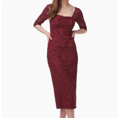 Vestido JS Collections Elle Midi Sweetheart Tea Mesh Bordado 6 Borgoña Foto 1 de 4