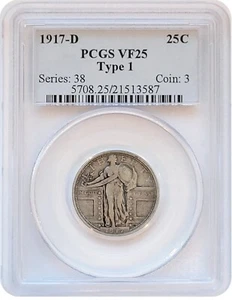 1917-D Type 1 One 25C Standing Liberty Quarter PCGS VF25 * Great Coin! Key 1917D - Picture 1 of 4