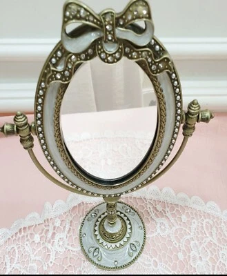 Vintage Ribbon Oval Table Mirror – Antique Bronze Vanity Mirror with Cubic Accen - Image 1 of 4