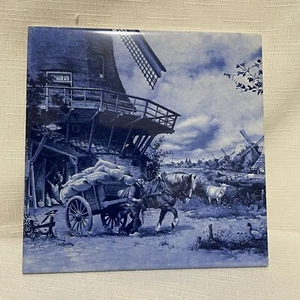 Royal Mosa Holland dekorativer blauer Fliesenwagen Windmühle Clydesdale Pferd 6" x 6"  - Bild 1 von 3