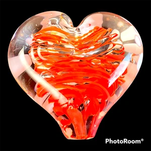 Clear Glass Heart with Red Ribbing and White Dots Art Glass Paperweight 12 oz - Picture 1 of 7