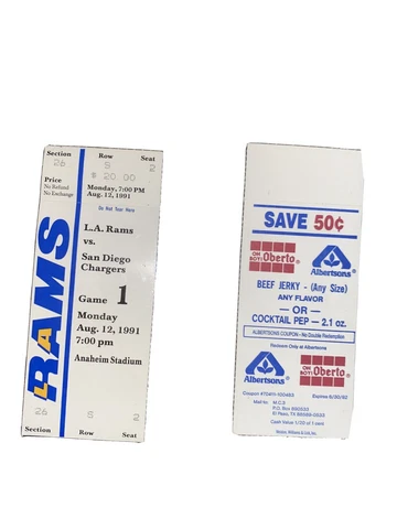 1991 L.A. RAMS-SAN DIEGO CHARGERS GAME 1 ANAHEIM STADIUM TICKET STUB Cover