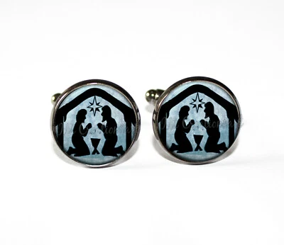 Nativity Christmas Birth Jesus Blue Religious Handmade Round Glass Cufflinks - Image 1 of 4
