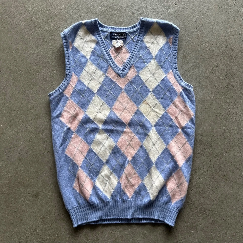 Винтажный кашемировый свитер-жилет Burberry Argyle размер Small фиолетовый сделано в Шотландии - Изображение 1 из 4