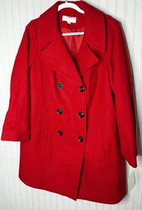 Anne Klein Coat Womens 1X Red Double Breasted Wool Blend Peacoat Jacket New $259 - Picture 1 of 17