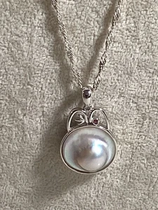 RARE INCREDABLE SIGNED STERLING SILVER, RUBY & MOBEY PEARL PENDANT NECKLACE NR - Picture 1 of 12