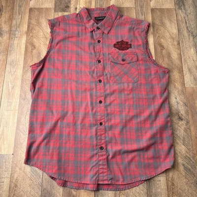 Harley Davidson Sleeveless Shirt Mens XL Red Gray Plaid Biker Motorcycle - Image 1 of 4