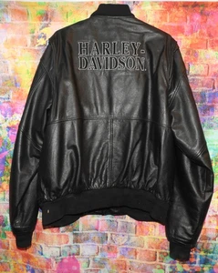XL Leather Harley Davidson Embroidered Applique Zip Up Bomber Jacket PERFECT! - Picture 1 of 14