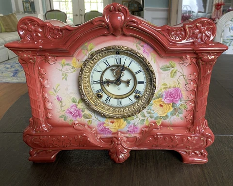 Attractive Porcelain Royal Bonn Clock Case "La Palma" w/ Ansonia Movement Cover