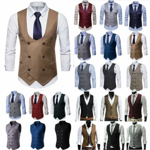 けMan Double Breasted Herringbone Tweed Peaky Blinders Retro Check Waistcoat Top, - Picture 1 of 23