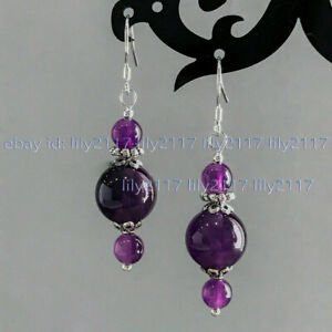 Natural 6mm 10mm Purple Amethyst Round Gems Beads Silver Hook Dangle Earrings AA