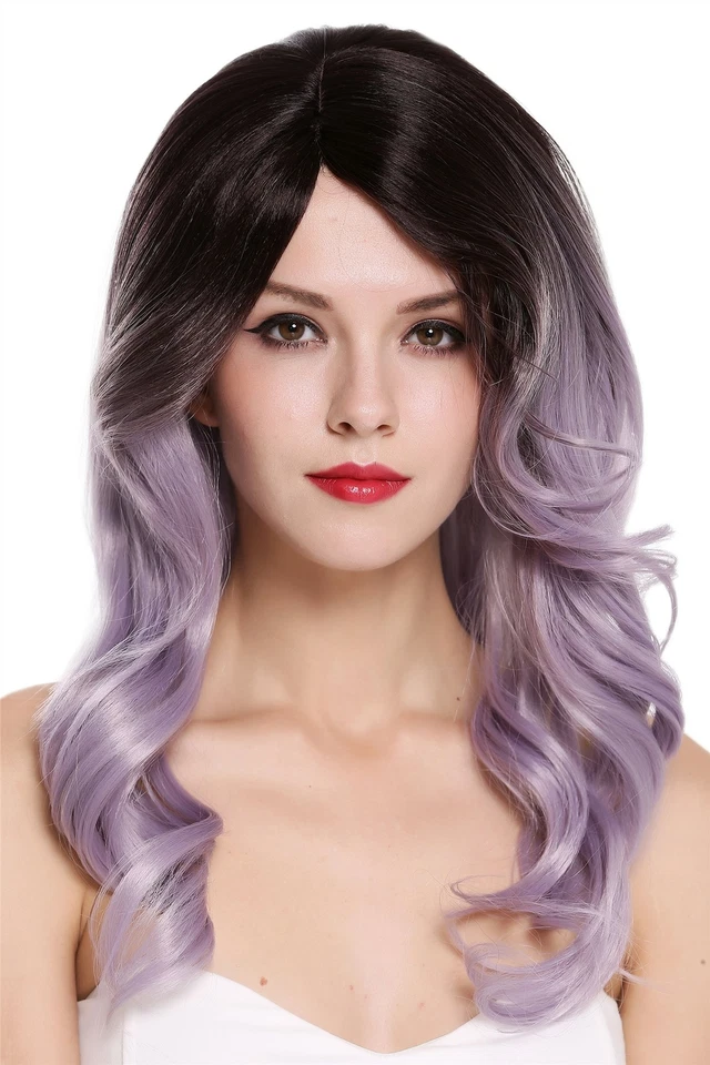 WIG ME UP Damen Perücke lang wellig Scheitel Ombre Dunkelbraun Lila Grau Mix sexy RGF-5904