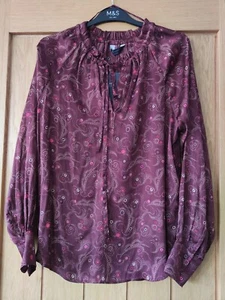 M&S Satin Print Tie Neck Popover Blouse UK 6 Reg RRP £29.50 - Picture 1 of 4