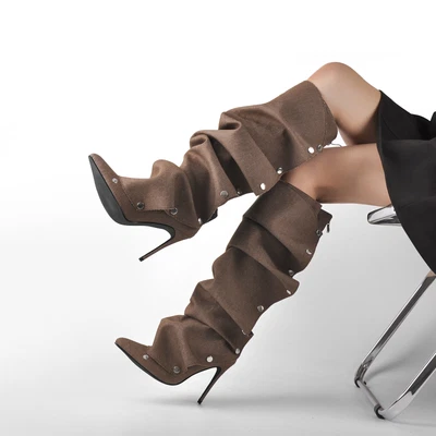 Women's Sexy Knee High Boots Pointy Toe Ruffled Pleated High Heel Stilettos US8 - Image 1 of 4