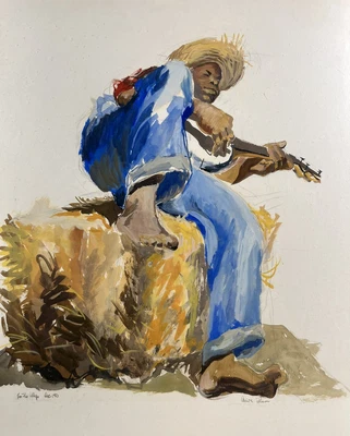 ANITA BLUM 50S AFRICAN AMERICAN MAN BLACK AMERICANA BANJO WATERCOLOR PAINTING - Image 1 of 4