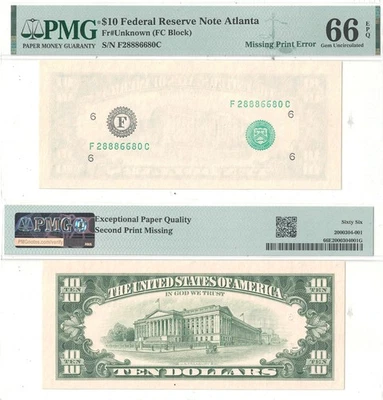 Undated $10 Federal Reserve Note Missing Print Error PMG Gem CU-66 EPQ - Image 1 of 3