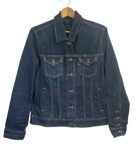 VTG Y2K LEVIS Original Dark Blue Denim Ladies Trucker Biker Jacket fitted XL - Picture 1 of 7