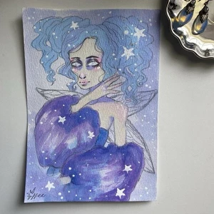 Celestial Purple Victorian Fantasy Fairy Girl Painting On 6x8 Watercolor Paper - Picture 1 of 7