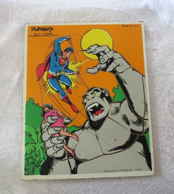 VINTAGE 1979 PLAYSKOOL WOODEN PUZZLE SUPERMAN'S JUNGLE BATTLE #380-12 DC COMICS - Image 1 of 4