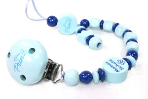 Schnullerkette mit Namen Kleiner Prinz Mamas Schatz Krone Junge Baby blau Holz - Bild 1 von 8