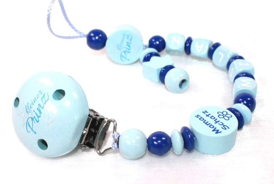 Schnullerkette mit Namen Kleiner Prinz Mamas Schatz Krone Junge Baby blau Holz - Bild 1 von 4