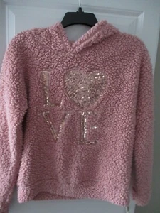One Step Up Pullover Hoodie Girls L 14/16 Pink Plush LOVE Sequins Print - Picture 1 of 5
