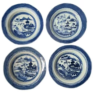 Antique 19th C Chinese Export Nanking Canton Blue Porcelain 4 Soup Bowls 8-3/4" - Picture 1 of 15