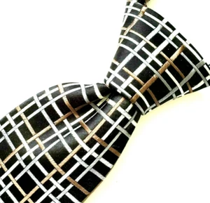 GEOFFREY BEENE Mens Tie PLAID 100% Silk STAIN RESISTANT Black/Silver/Brown 60" L - Picture 1 of 6