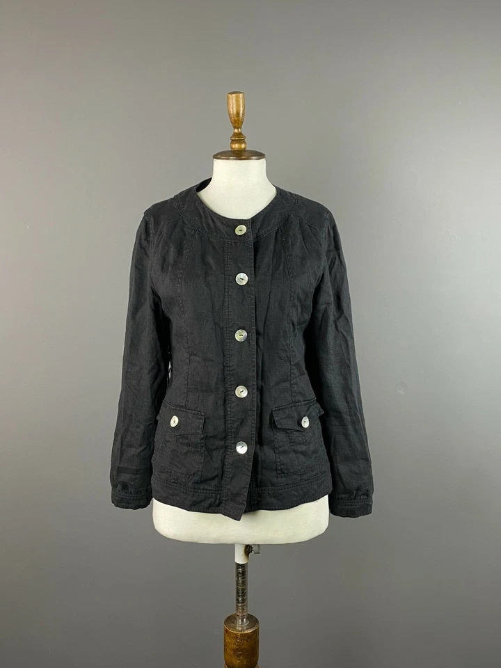 Mujer BRUNELLO CUCINELLI Negro Lino Botón Blazer Chaqueta Talla L Foto 1 de 4