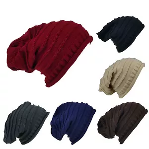 New Men Women Knit Slouchy Beanie Oversized Warm Hat Unisex Solid Color - Foto 1 di 19