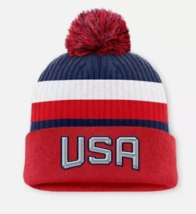 Men's Fanatics Red/Navy USA 2025 4 Nations Face-Off Cuffed Knit Hat with Pom - Picture 1 of 2