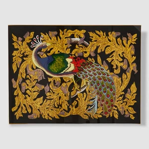 $193 Nomi K Black Golden Leaf Peacock Design Décor Wood Design Glass Placemat - Picture 1 of 6