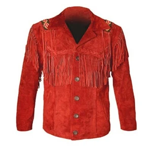 Men American Native Western Cowboy Suede Leather Jacket Fringes & Beaded - Red - Picture 1 of 5