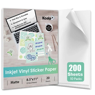 Koala Printable Vinyl Sticker Paper Waterproof Bulk 200 Matt Inkjet Laser Print - Image 1 of 4