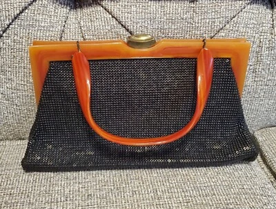 Vintage 1950s Whiting & Davis  Mid Century Mesh Handbag Cherry Amber Handle  - Image 1 of 4