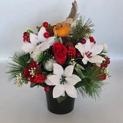 Christmas Grave Memorial Pot Artificial Flowers White Poinsettias Rose & Robin - Image 1 of 3