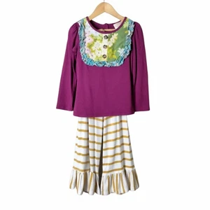 SweetHoney Two Piece Set Girls 4 Shirt Pants Purple Green Mustard Elbow Patches - Picture 1 of 10