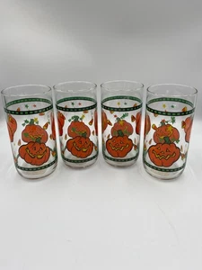 Vtg Libbey Halloween Pumpkin Jack 'O Lantern Highball Tumbler Glasses. Set of 4 - Picture 1 of 3