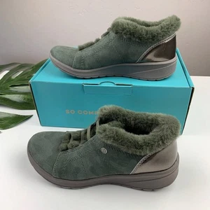 New Bzees Golden Booties Olive Green Slip On Comfort Shoes Faux Fur Women's 7 - Picture 1 of 11