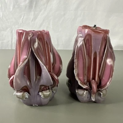"Lote De Colección De Dos Velas Pilar De Cera Talladas A Mano Rosa Melocotón 4.5"" Alto Uso" Foto 1 de 3