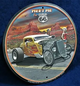 MEET ME on ROUTE 66 * HERGESTELLT IN DEN USA* - rundes geprägtes Metallschild - Mannhöhle Garage Bar - Bild 1 von 11