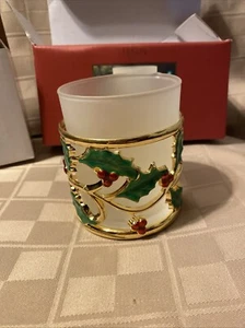Lenox Holiday Gold Votive Holly Berry Candle Holder Frosted Glass - Picture 1 of 19
