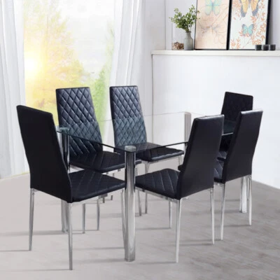 Dining Table with Set of 4/6 Chairs Steel Legs Backrest PU Leather Padded Seat - Image 1 of 4