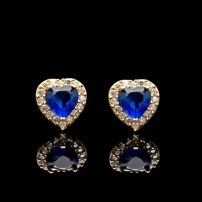 1Ct Heart Simulated Sapphire & Diamond Halo Earrings 14K Yellow Gold Studs - Image 1 of 4