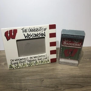 WISCONSIN BADGERS TUMBLED STONE DESK CLOCK AND PORCELAIN PICTURE FRAME - Picture 1 of 5