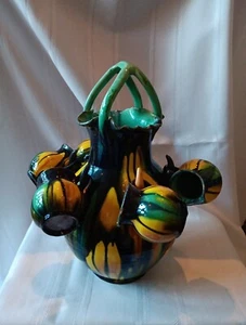 Vintage Mexican Sangria Drip Pottery Vase and Six Cups. 14 In Tall - Picture 1 of 4