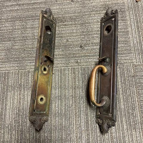 Vintage 2pc Architectural Salvage Brass Baroque Door Handle Pulls 27โ x 3โ Cover